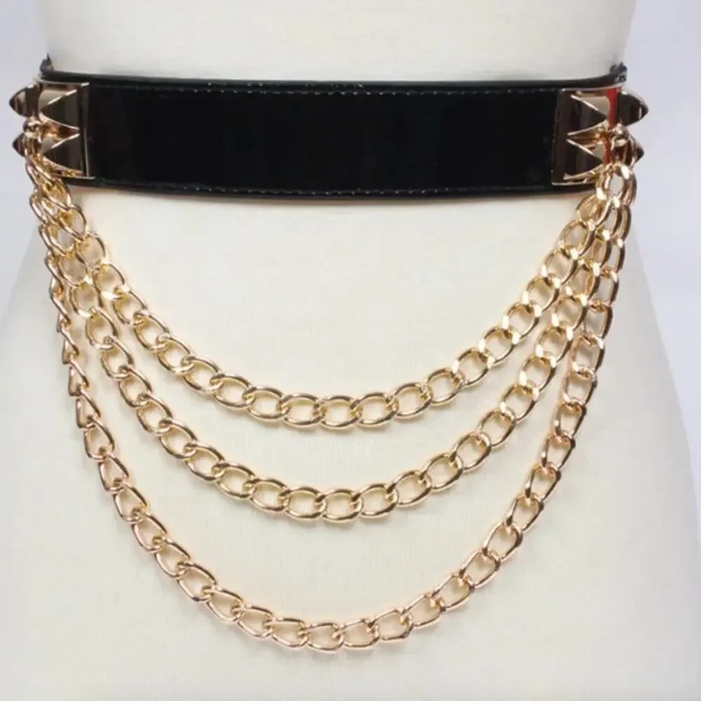 Black Chain Mesh Belt Vegan Leather Gold Studs 26